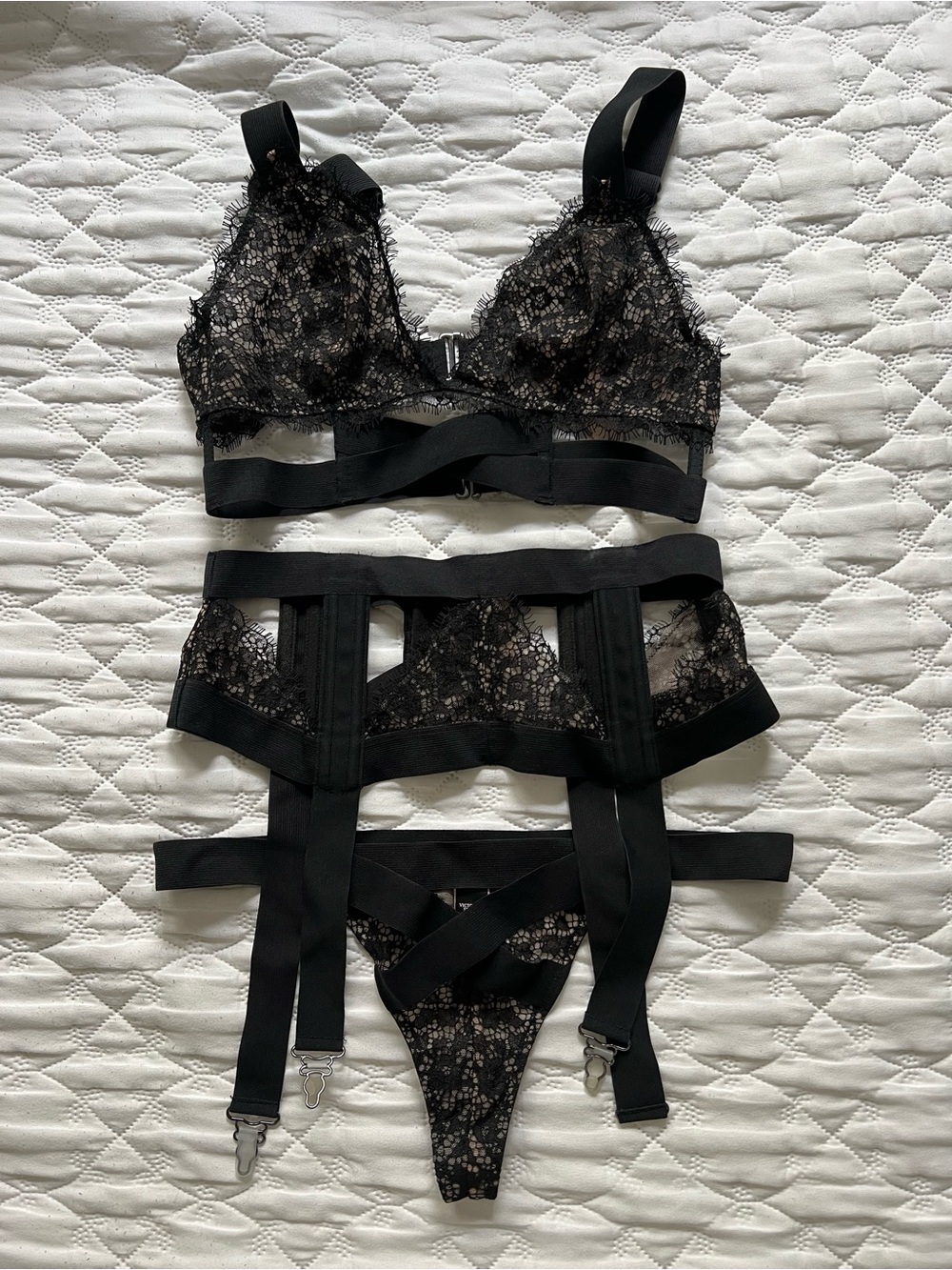 Victoria's Secret Black Lace Bralette, Garter & Thong Set